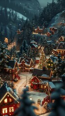 Fototapeta premium A small town with houses lit up for Christmas