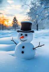 Obraz premium Snowman in an idyllic winter landscape with snow-covered trees in background