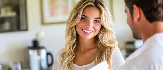 Fototapeta premium A young woman smiles brightly while chatting with a man in a warm and inviting kitchen setting