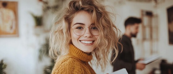 A cheerful young woman in a cozy sweater beams with happiness in a lush, vibrant interior filled with plants
