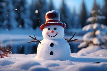 Snowman in an idyllic winter landscape with snow-covered trees in background