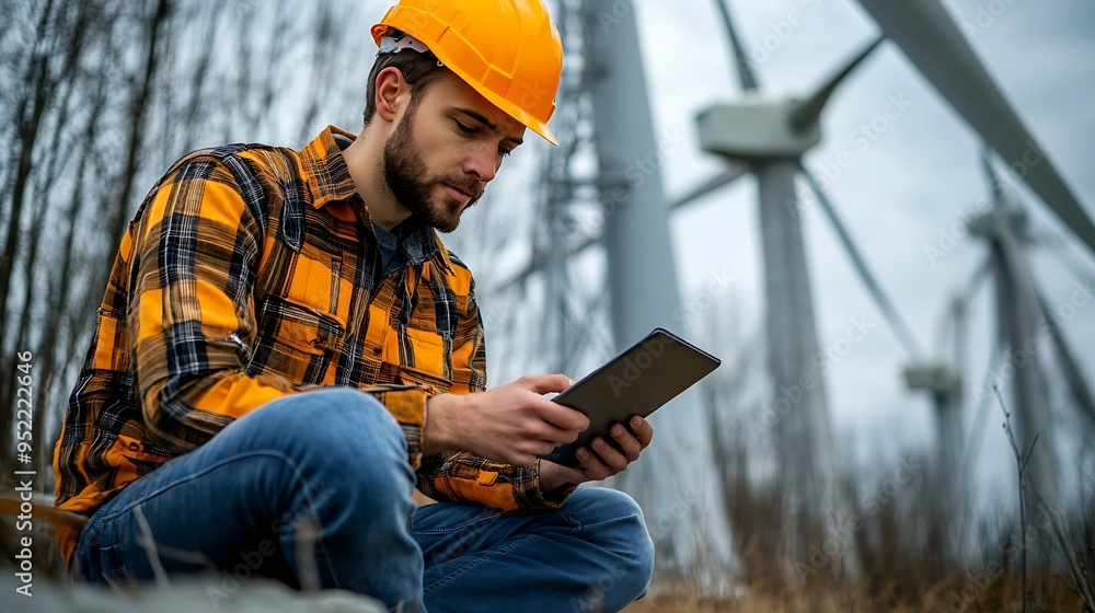 Poster wind turbine service engineer sit on concrete foundation check tablet plan for maintenance turbine :
