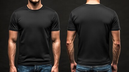 A black t-shirt effortlessly displayed from the front and back, highlighting its sleek design against a dark backdrop