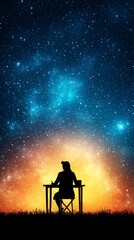 Obraz premium A silhouette of a person sitting at a desk, gazing at a starry night sky filled with vibrant colors and cosmic beauty.