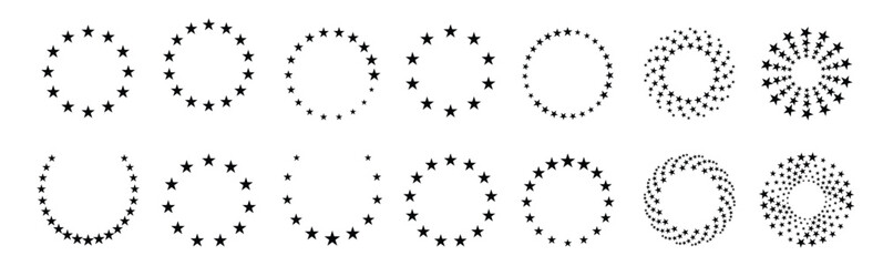 Star circles. Round seal stamp border with stars, vintage circular five pointed star badge, premium quality and warranty emblem. Isolated vector set