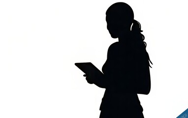 Silhouette of a woman using a tablet, focused and engaged in digital interaction.