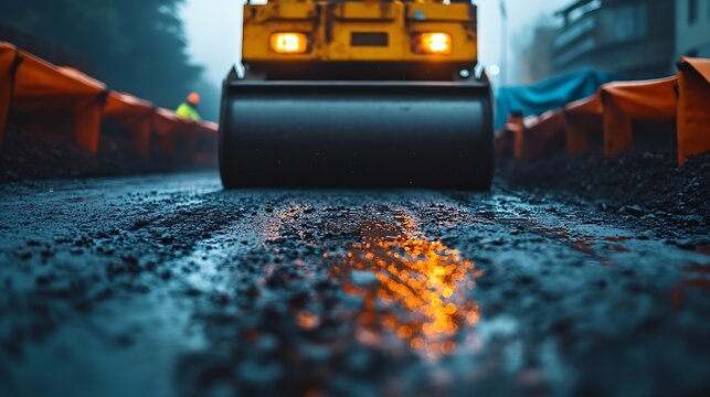 Road construction Paving roller during road work at construction site paving works Asphalt paver Road roller for road concreting Paving works Tower crane on building construction Housi : Generative AI