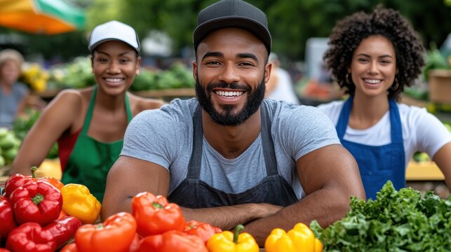 Three cheerful market vendors smile as they display fresh vegetables, showcasing community and healthy living at a vibrant farmer's market.