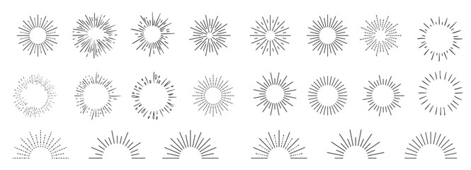 Vector retro shining icons collection, black drawings isolated, glow signs set, rays, circle shapes, splashes