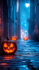Naklejka premium Halloween Scene with Sinister Jack-o'-Lanterns in Dark, Eerie Alley 
