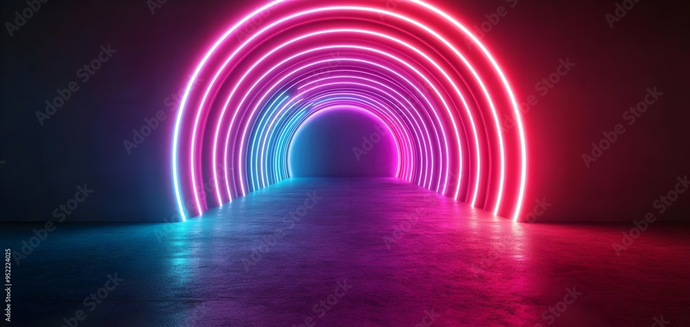 Poster a vibrant neon tunnel with colorful arcs illuminating the path, creating an immersive and futuristic