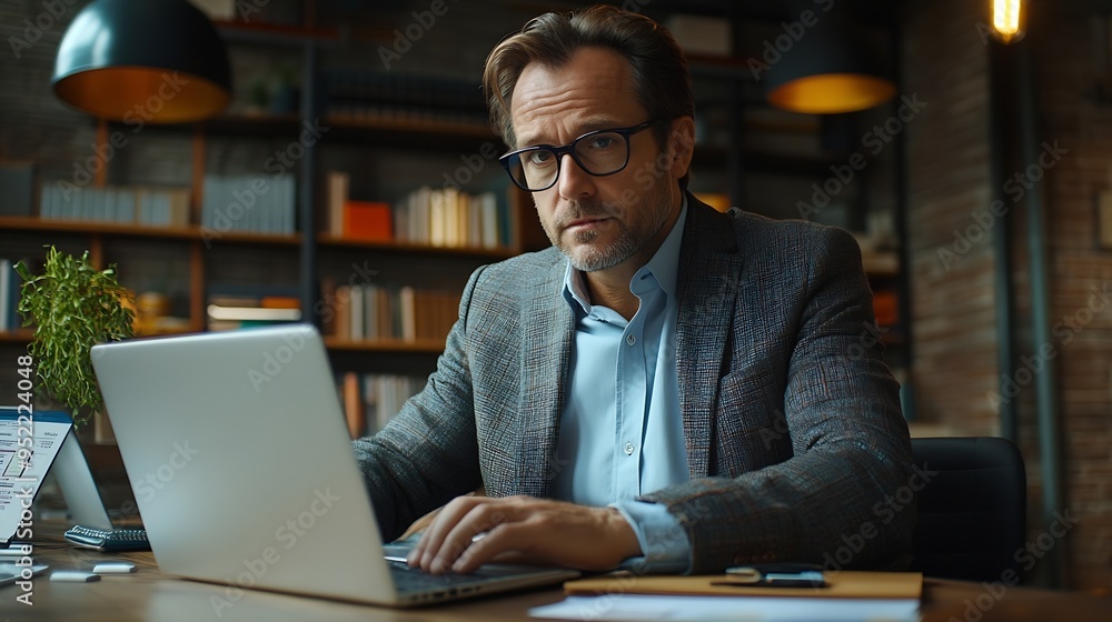 Poster Business accountant working on laptops in the office Man in a suit and glasses sitting at his office desk using two notebook computers working with data sheets and checking information : Generative AI