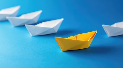 Yellow paper boat leading white boats on blue background.