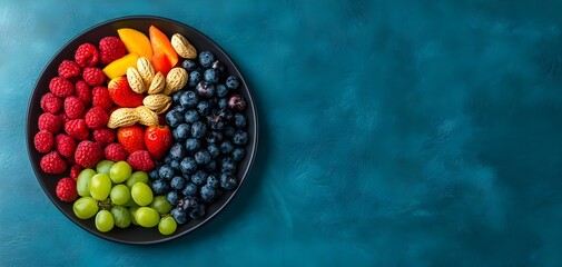 A vibrant plate showcasing an assortment of fresh fruits including berries, peaches, and nuts, perfect for healthy eating.