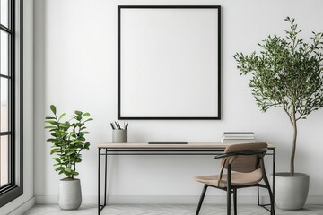 A minimalist workspace featuring a desk, chair, plants, and a blank wall for creativity.
