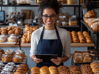 A cheerful baker with glasses holds a tablet while surrounded by a variety of fresh pastries, croissants, and breads in a bustling bakery ambiance