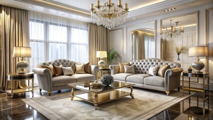Fototapeta premium Elegant living room setup features ESO luxury furniture with plush velvet sofa, mirrored coffee table, and metallic armchair bathed in soft golden light filtering through sheer white curtains.