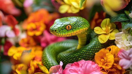 Fototapeta premium Green wooden snake coiled among vibrant pink and yellow flowers, showcasing intricate craftsmanship and a blend of natural beauty and artistry.