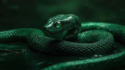 Fototapeta premium Intricately carved green snake with bright emerald eyes, symbolizing 2025.