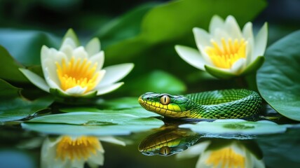 Detailed green snake and water lily arrangement, symbolizing harmony and serenity in nature.