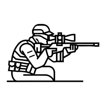 recommend clip art: Sniper icon or modern line symbol. Vector line art and icon design with bold outline. Black and white Pixel Perfect minimalistic symbol isolated white background. Silhouette simple thin sign