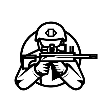 recommend clip art: Sniper icon or modern line symbol. Vector line art and icon design with bold outline. Black and white Pixel Perfect minimalistic symbol isolated white background. Silhouette simple thin sign