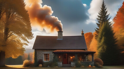 charming cottage smoke billowing chimney fall colors around