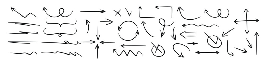 Doodle arrow, circle, oval and square shape frame, check mark elements. Freehand black marker, pen underline and navigation symbols. Vector set