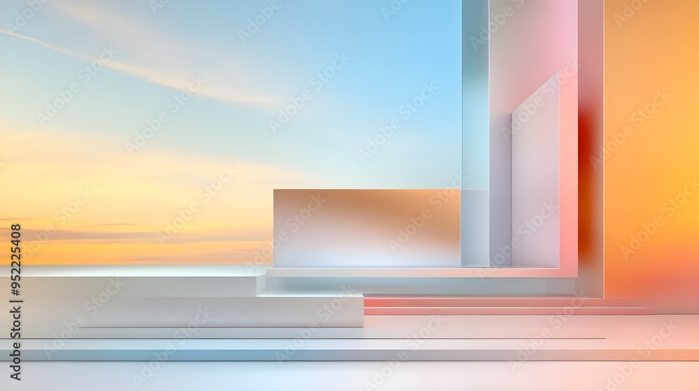 Poster abstract architectural composition with gradient colors, showcasing depth and perspective in a seren