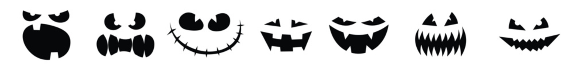 Halloween monster jack lantern pumpkin carved glowing scary face set on white background. Holiday cartoon character collection for celebration design. Vector cartoon spooky illustration