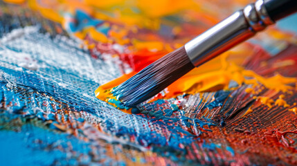 Fototapeta premium Close-up of a paintbrush adding color to a canvas, with part of the artwork completed and part still blank, showing artistic progress.