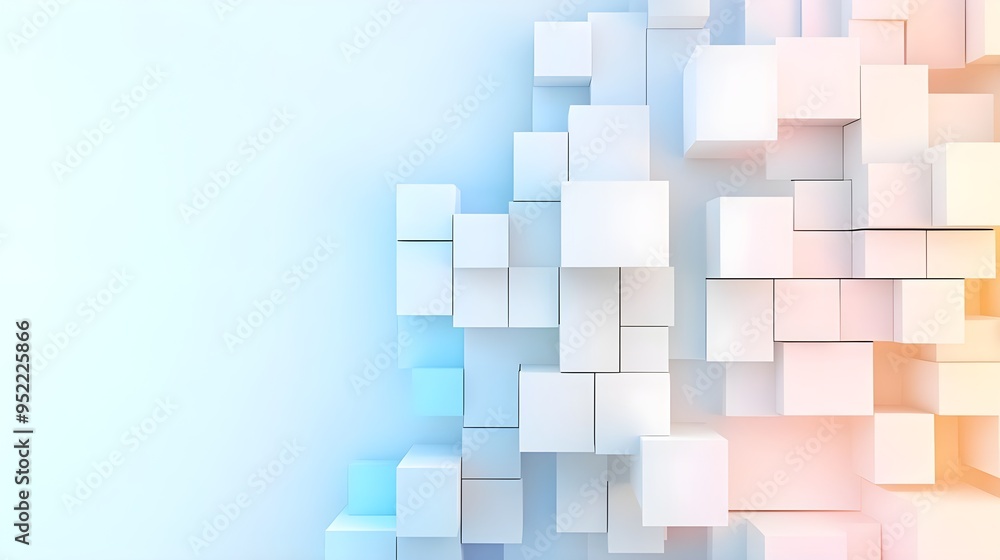 Poster abstract composition of colorful cubes on a soft blue background, perfect for modern design and tech