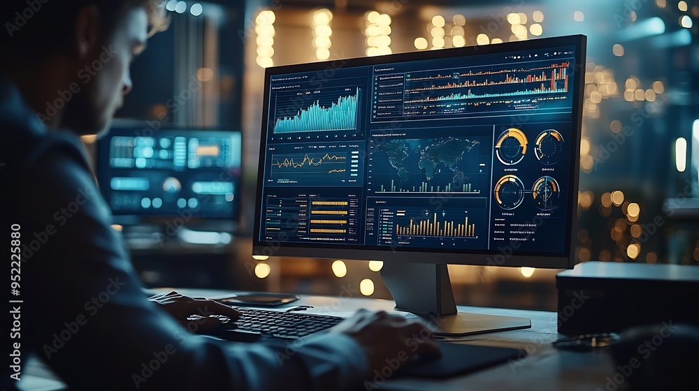 Aufkleber An analyst uses a computer and dashboard for data business analysis and Data Management System with KPI and metrics connected to the database for technology finance operations sales ma : Generative AI