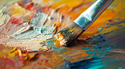 Fototapeta premium Close-up of a paintbrush adding color to a canvas, with part of the artwork completed and part still blank, showing artistic progress.
