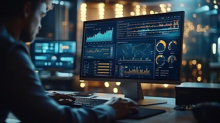 An analyst uses a computer and dashboard for data business analysis and Data Management System with KPI and metrics connected to the database for technology finance operations sales ma : Generative AI