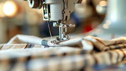 A close-up of a sewing machine stitching fabric, with a portion of the garment already finished, illustrating progress in sewing.