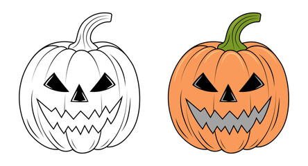A set of contoured and colored pumpkins. Scary pumpkin for Halloween. Coloring book