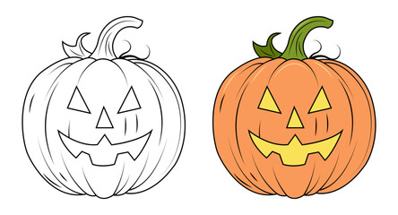 A set of contoured and colored pumpkins. Scary pumpkin for Halloween. Coloring book