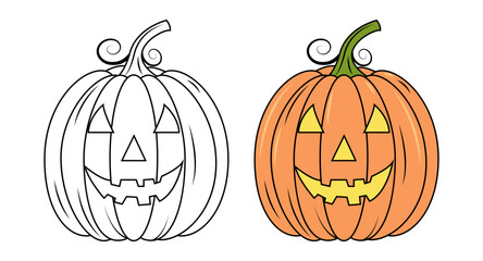 A set of contoured and colored pumpkins. Scary pumpkin for Halloween. Coloring book
