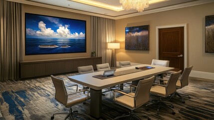 Spacious Meeting Room with Large TV Display and Relaxing Seating