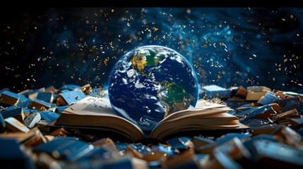 Planet Earth Encircled by Floating Books and Knowledge Symbols Representing Global Education and Wisdom