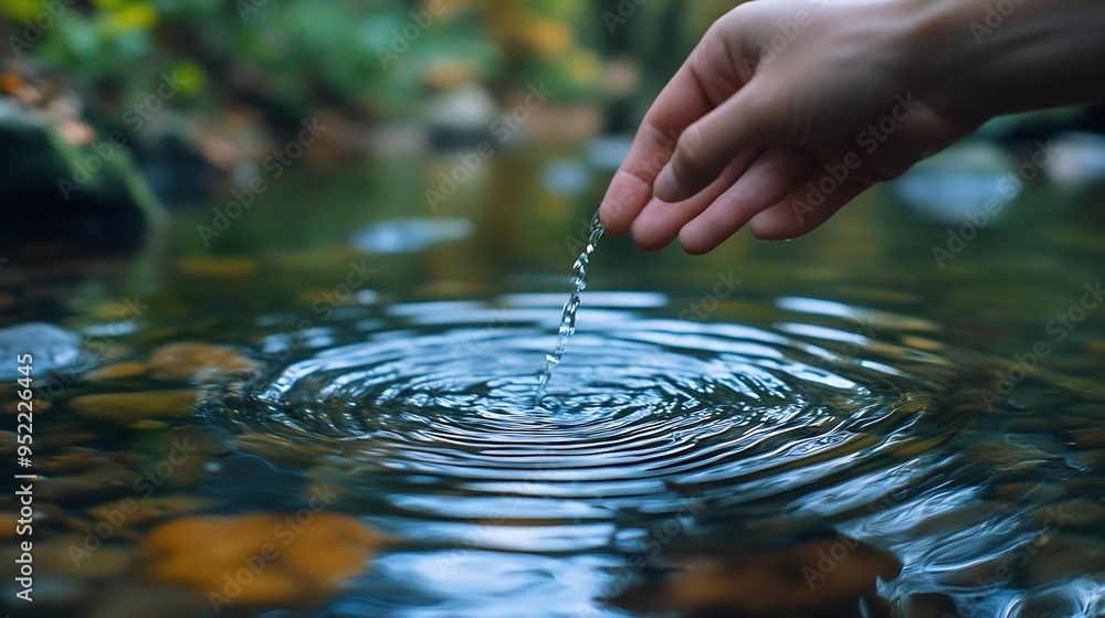 Fototapete hand is dipping into a body of water creating ripples in the water the scene is peaceful and calming