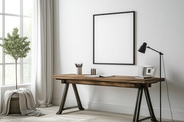 A minimalist workspace featuring a wooden desk, lamp, and blank wall for creativity.