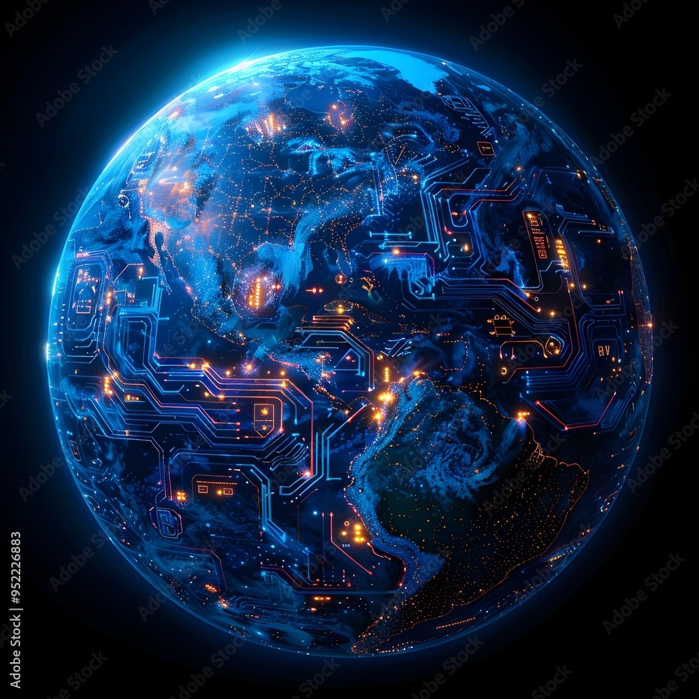 Poster planet earth covered in intricate glowing circuit patterns symbolizing global connectivity and the d