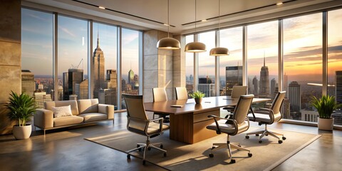 Elegant offices in Manhattan skyscrapers offer modern amenities, including high-back chairs and glass desks, set against a backdrop of stunning cityscapes and refined urban chic.