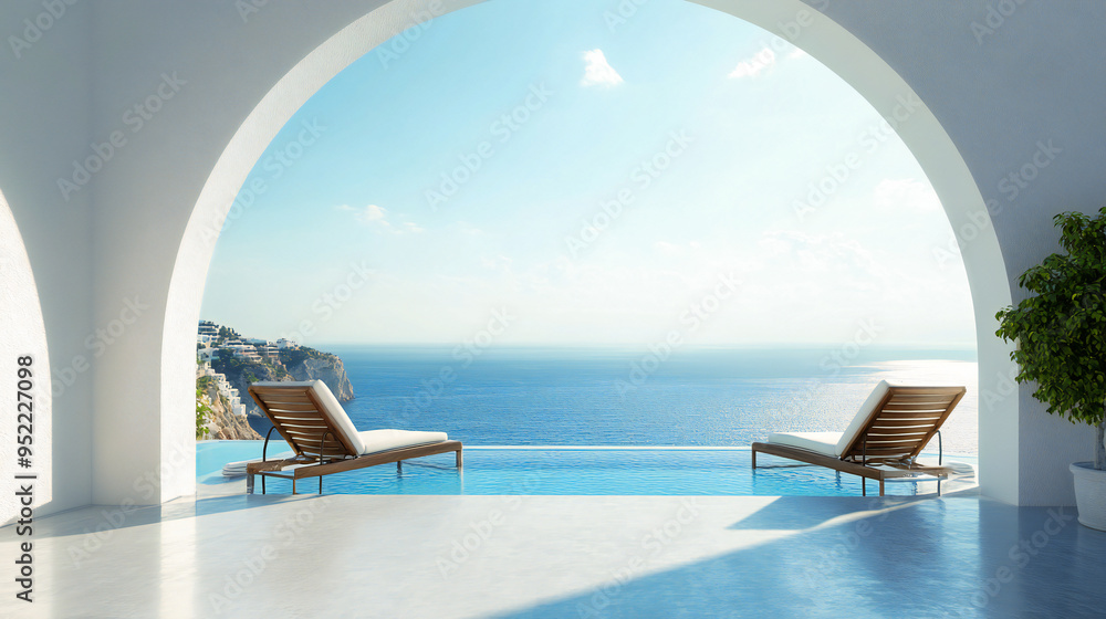 Wall mural exotic resort vacation in a villa with sun loungers and pool and sea view