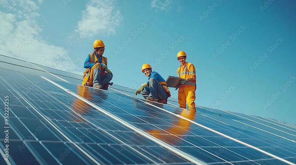 Poster electrical engineering team man and woman worker installing solar cell panels on roof solar energy c