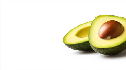 A fresh avocado cut in half, centered on a plain white background, perfect for a health food campaign with ample space for text.