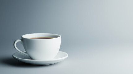A clean white coffee cup with a saucer, centered on a plain grey background, perfect for a cafÃ© or coffee-related ad with ample space for copy.