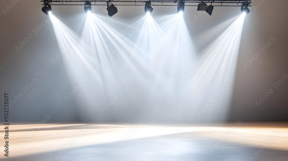 Poster bright stage lights illuminate an empty performance area, creating a dramatic atmosphere for events 